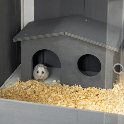 Raised Wooden Hamster Cage with Shelf and Two Huts - Grey