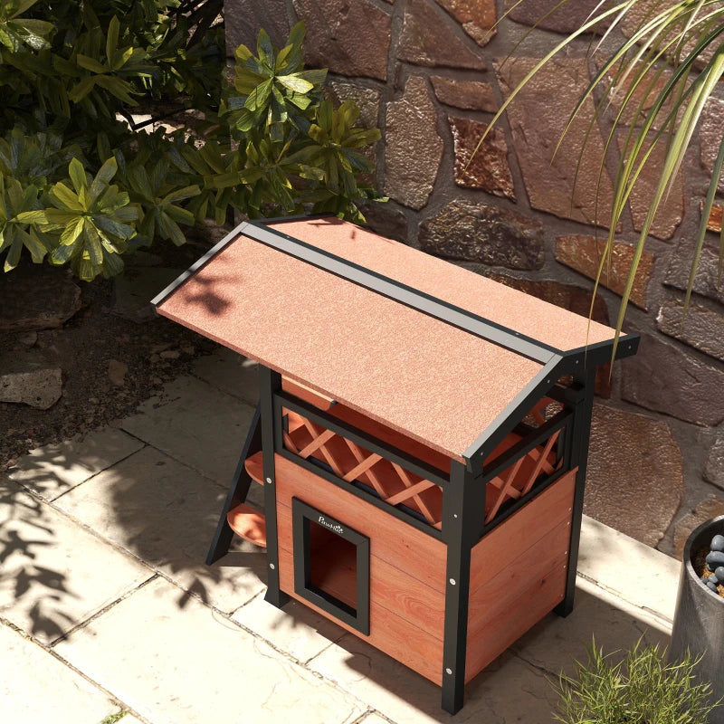 Cat House with Roofed Balcony Area & Stairs and Under House - Brown