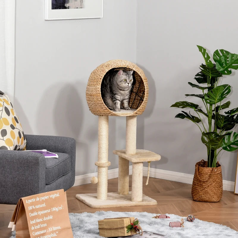 100cm - Cosy Treehouse Style Cat Tree with Toy Ball, Scratching Post, Teasing Rope and Sphere Bed