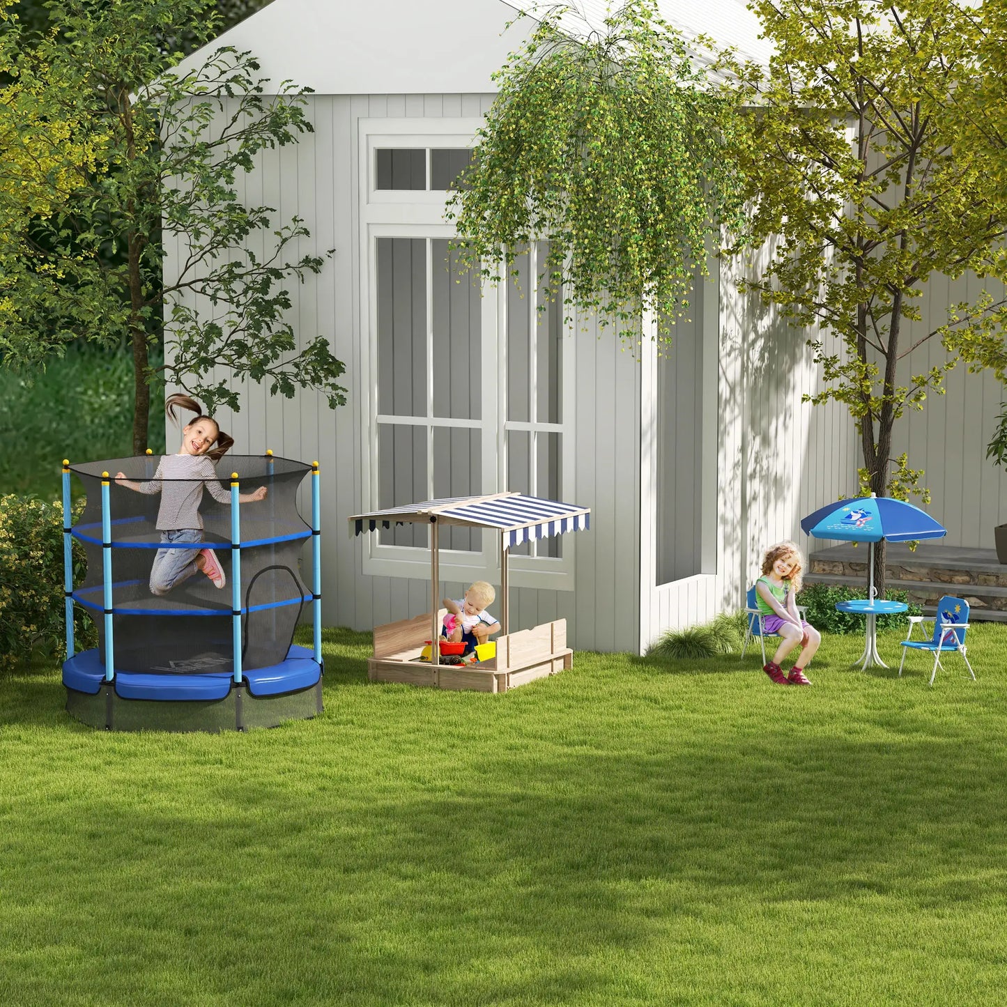 Kids Square Wooden Sandpit with 2 Benches and Adjustable Canopy - Navy