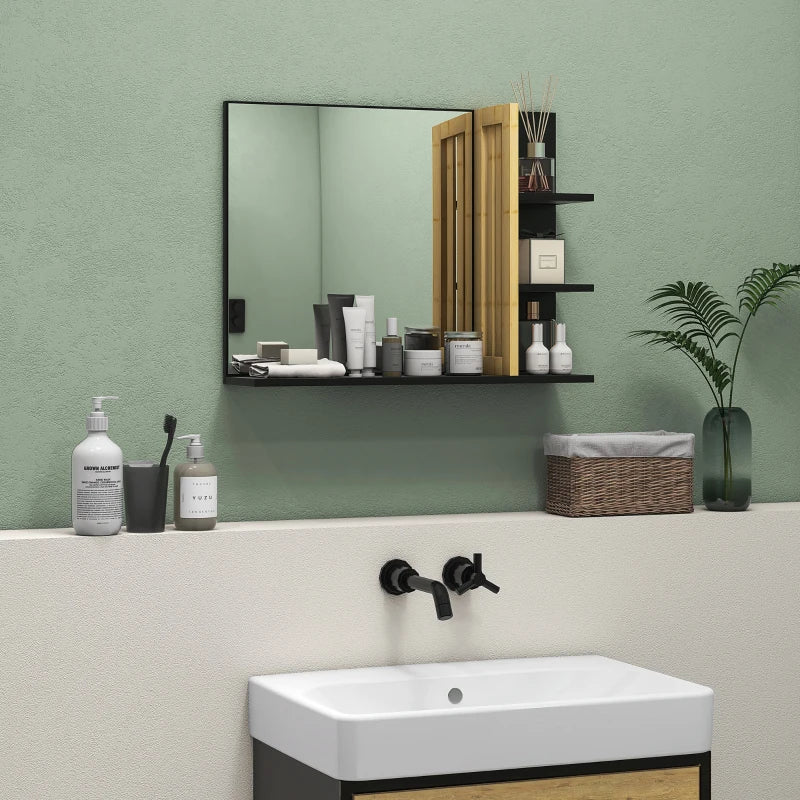 Mounted Wall Mirror with Bamboo Panel Split Open Style 3 Shelf Storage