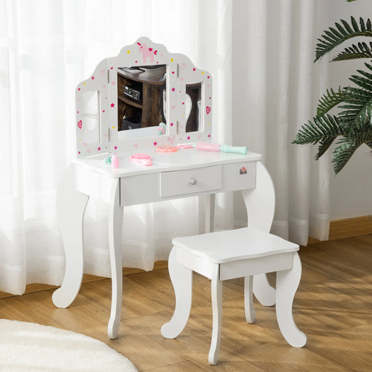 Kids Makeup Vanity Mirror Table with Chair and Folding Mirrors