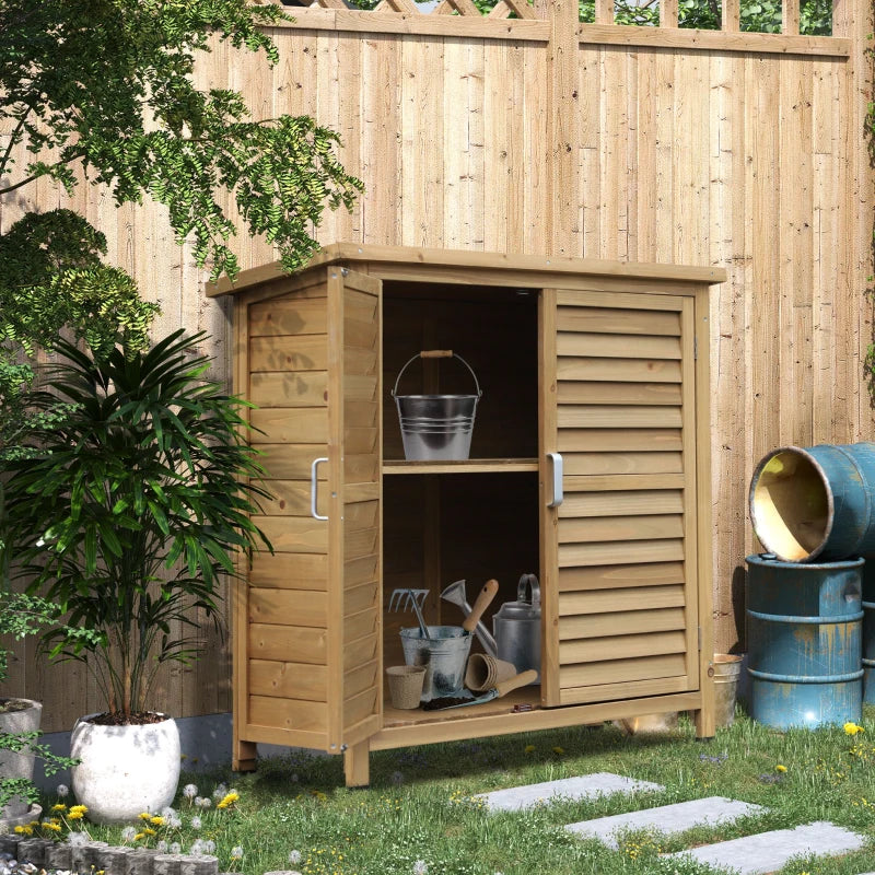 Mid Size - 2 Door Garden Shed / Tool Organiser with 2-Tier Shelving - Natural Wood Effect