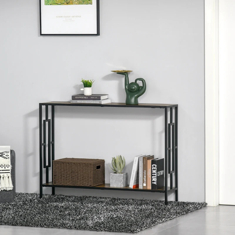 Industrial Style Slim Side Console Table with Metal Frame - Black / Brown Wood Effect