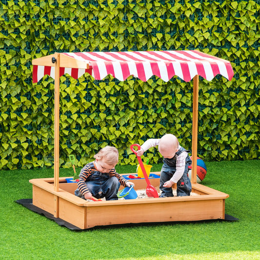 Square Sandpit with Red and White Canopy and Storage Section