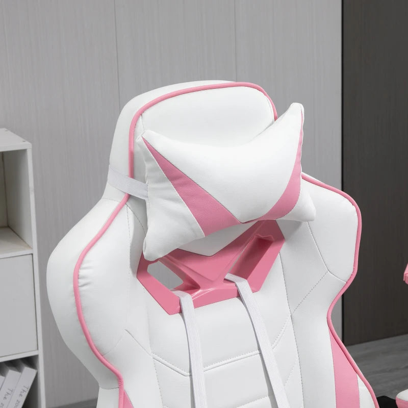 Computer Gaming Chair with Lumbar Support and Footrest - Pink / White