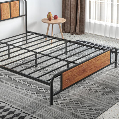 Farmhouse Style King Size Bed Frame with Steel Slat Support and Rustic Wood Panels