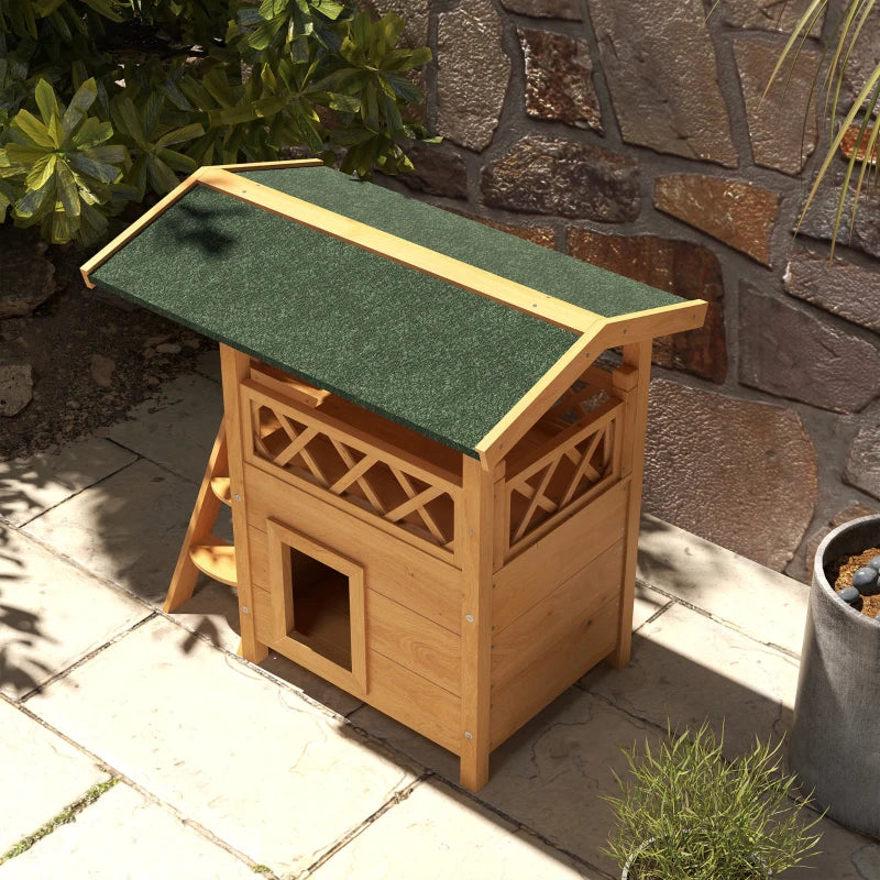 Cat House with Roofed Balcony Area & Stairs and Under House - Natural Wood