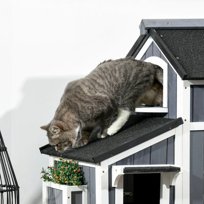 Cat Barn House with Multiple Entrances, Water Resistant Roof and Side Flower Pot