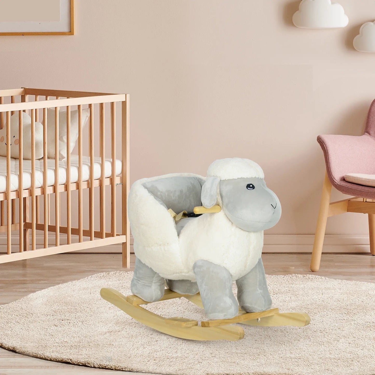 Ride on Lamb - Rocking Horse with Safety Belt and Wooden Base