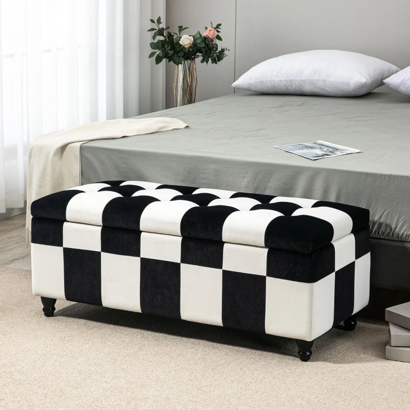 Black & White Tile Patterned Button Tufted Storage / Bed End Ottoman