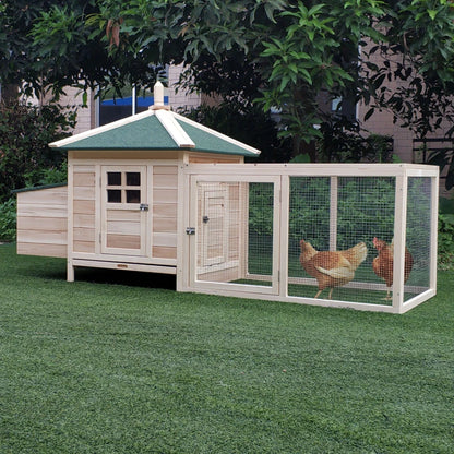 Large Chicken Coop with Outdoor Yard Run and Nesting Boxes - Natural Wood / Green