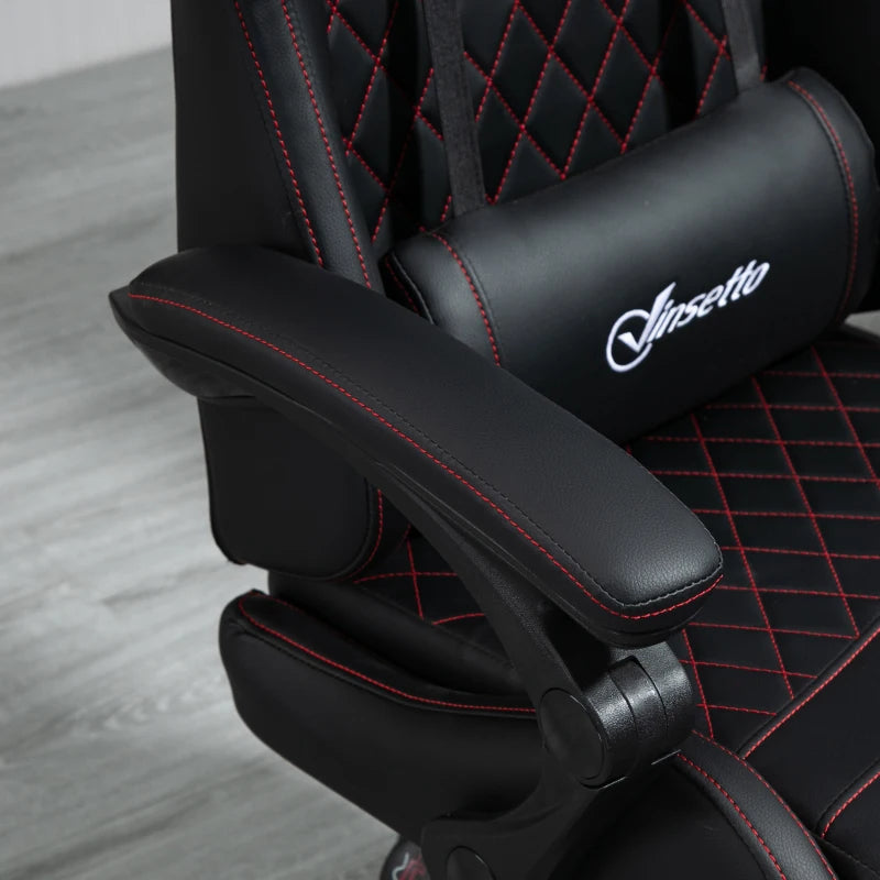 Faux Leather Recliner Racing Gaming Chair with Swivel Wheel Footrest - Black / Red Contrast Stitch