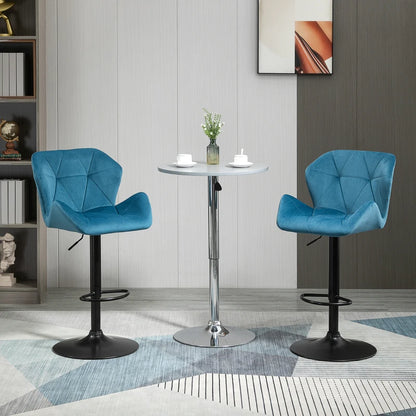 Set of 2 Geometric Style Velvet Barstools / Breakfast Bar Stools with Adjustable Height and Footrest - Sky Blue