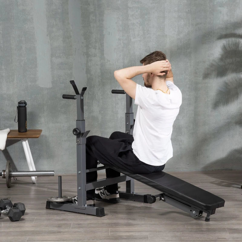 Foldable Slimline Adjustable Exercise Bench with Barbell Rack and Dip Station (Barbell & Weights not Included)