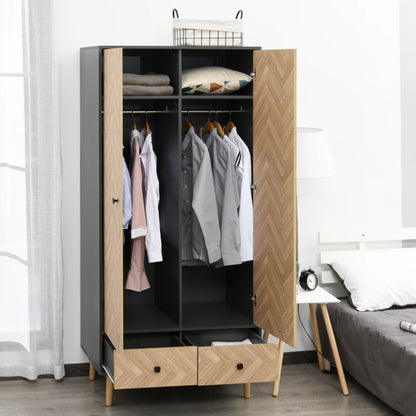 Herringbone Style Wardrobe with 2 Underneath Drawers and Hanging Rail