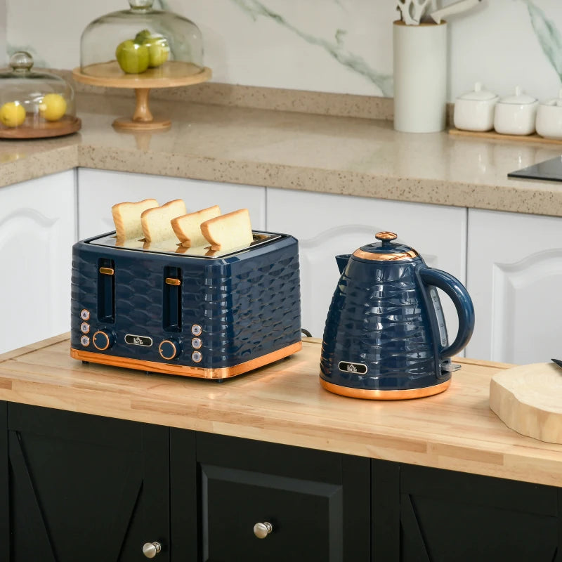 Kettle (1.7L) and Toaster Set with 7 Browning Controls and Crumb Tray (4 Slice) - Navy / Gold