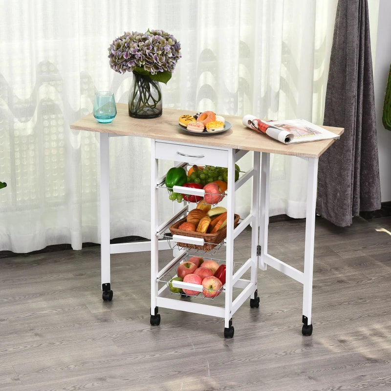 Drop Leaf Kitchen Cart Trolley with 3 Wire Basket Drawers and Extendable Countertop