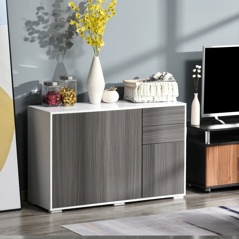 High Gloss Push-Open Design Storage Cabinet with Large & Small Cupboard and 2 Flatbed Drawers - White / Grey