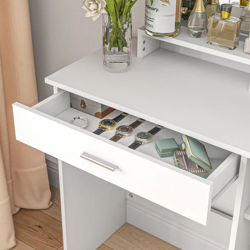 Vanity Mirror Dressing Table with Open Style Shelving and 2-Storage Sections - White