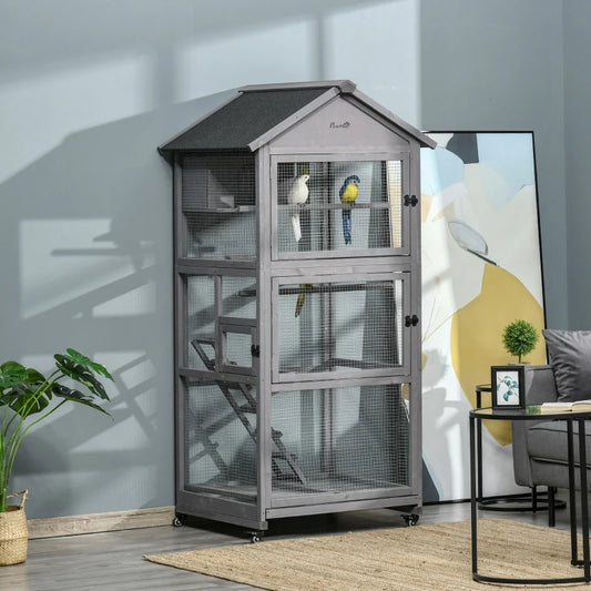 Indoor / Outdoor - 3-Tier Mobile Bird Cage with Ladders and Perching Spots