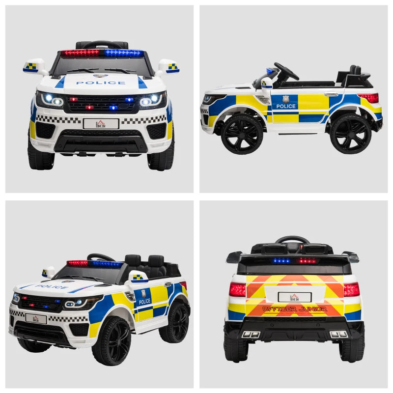 12V Kids Electric Ride On Police Car with Parental Remote Control, Siren, Flashing Lights and USB - White