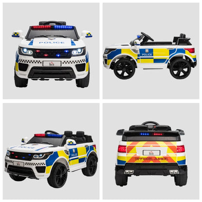 12V Kids Electric Ride On Police Car with Parental Remote Control, Siren, Flashing Lights and USB - White