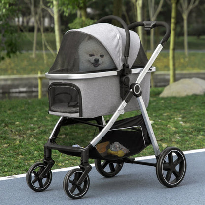 3-in-1 Foldable Pet Stroller with Detachable Carry Bag and Safety Leash - Grey