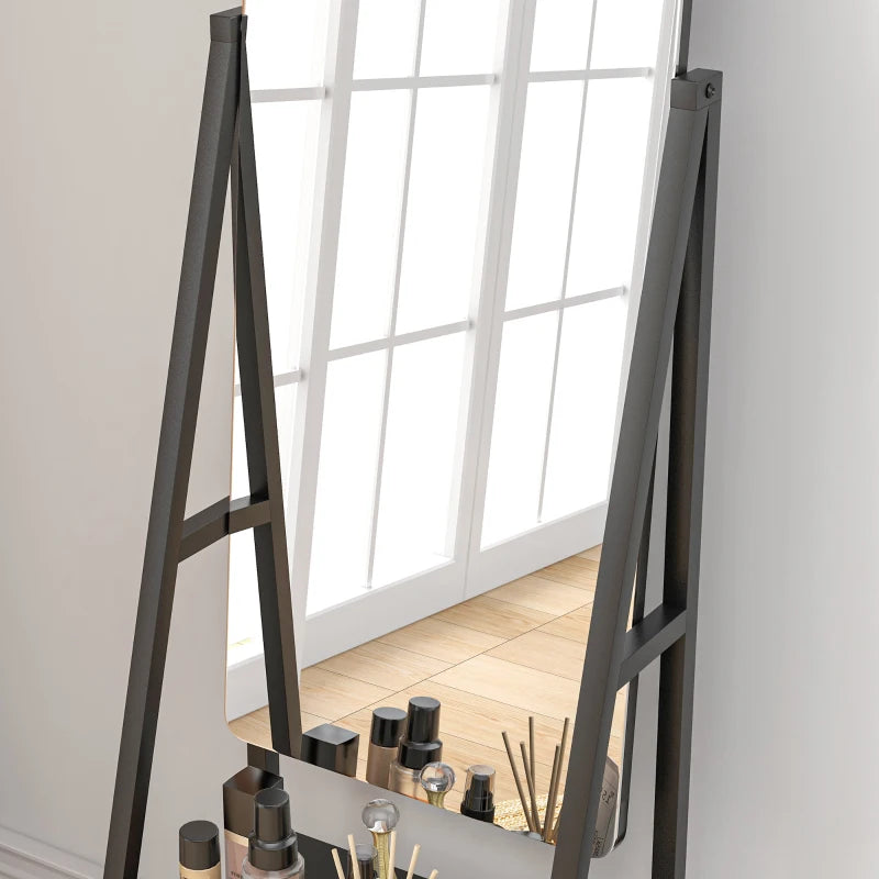 Freestanding Full Length Dressing Mirror on Wheels with Adjustable Angle & Storage Shelves