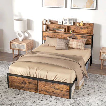 Rustic Style Double Bed Frame with Headboard Storage Feature