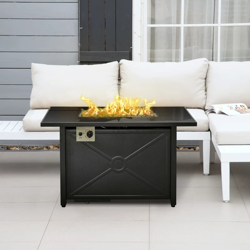 50,000 BTU - Rectangular Gas Fire Pit Table with Glass Tabletop and Rain Cover