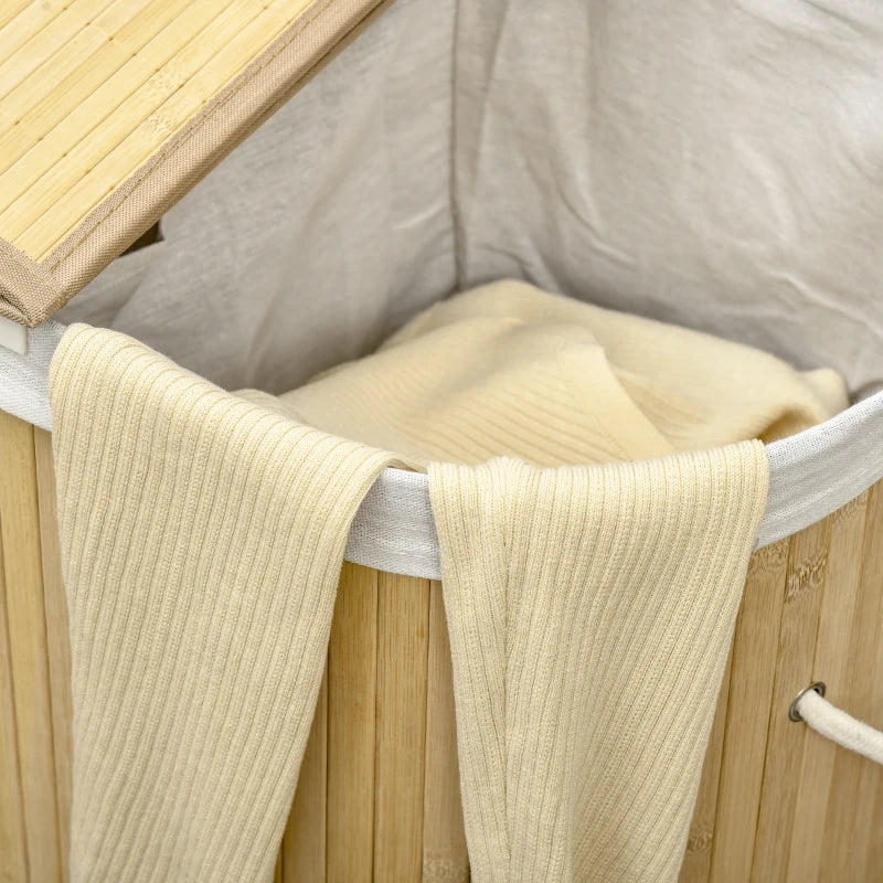 100L - Dual Section Lights & Darks - Bamboo Laundry Hamper with Removable Washing Lining - Natural Wood