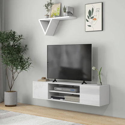 White - Floating Media Center / TV Stand with Open Shelving and Storage Cupboards