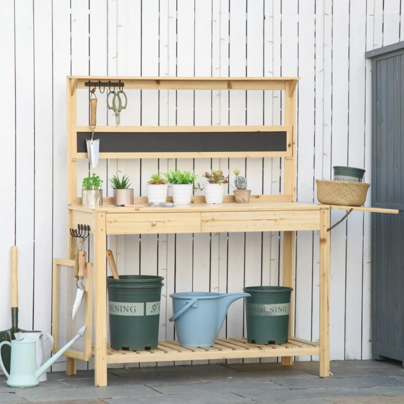 Wooden Potting Bench with Side Table, Chalkboard, Multi-Storage, Metal Sieve Screen and Hidden Sink