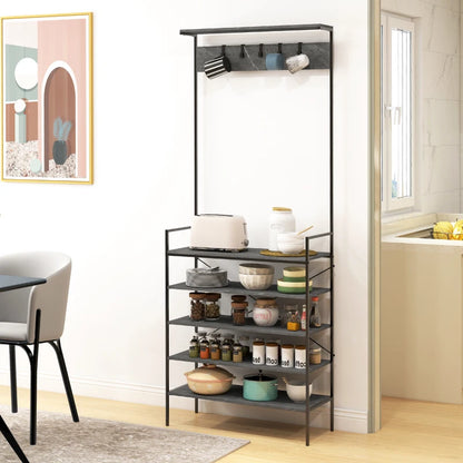 Freestanding Steel Frame Kitchen Bakers Rack with 5 Hooks and 5 Shelves