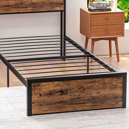 Single - Industrial Style Single Bed Frame with Storage Headboard and Underneath Storage