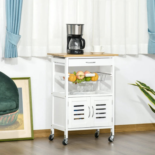 Rolling Kitchen Island Trolley Utility Cart on Wheels with Drawer, Wire Basket and Cupboard