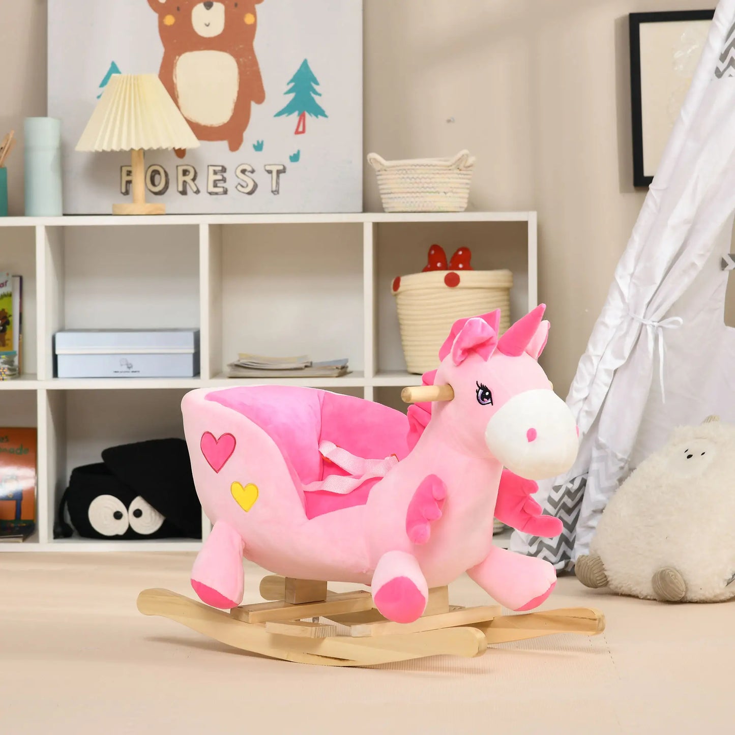 Pink Unicorn Style Ride on Rocking Horse with Safety Belt and Wooden Base