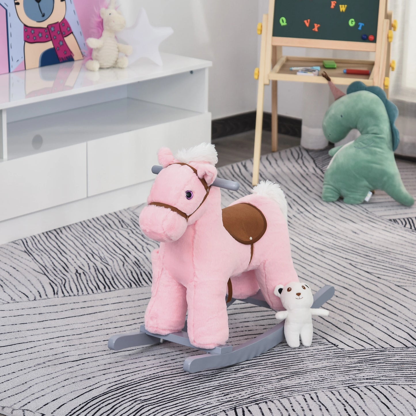 Plush Ride on Rocking Horse with Cuddle Toy Pocket - Pink