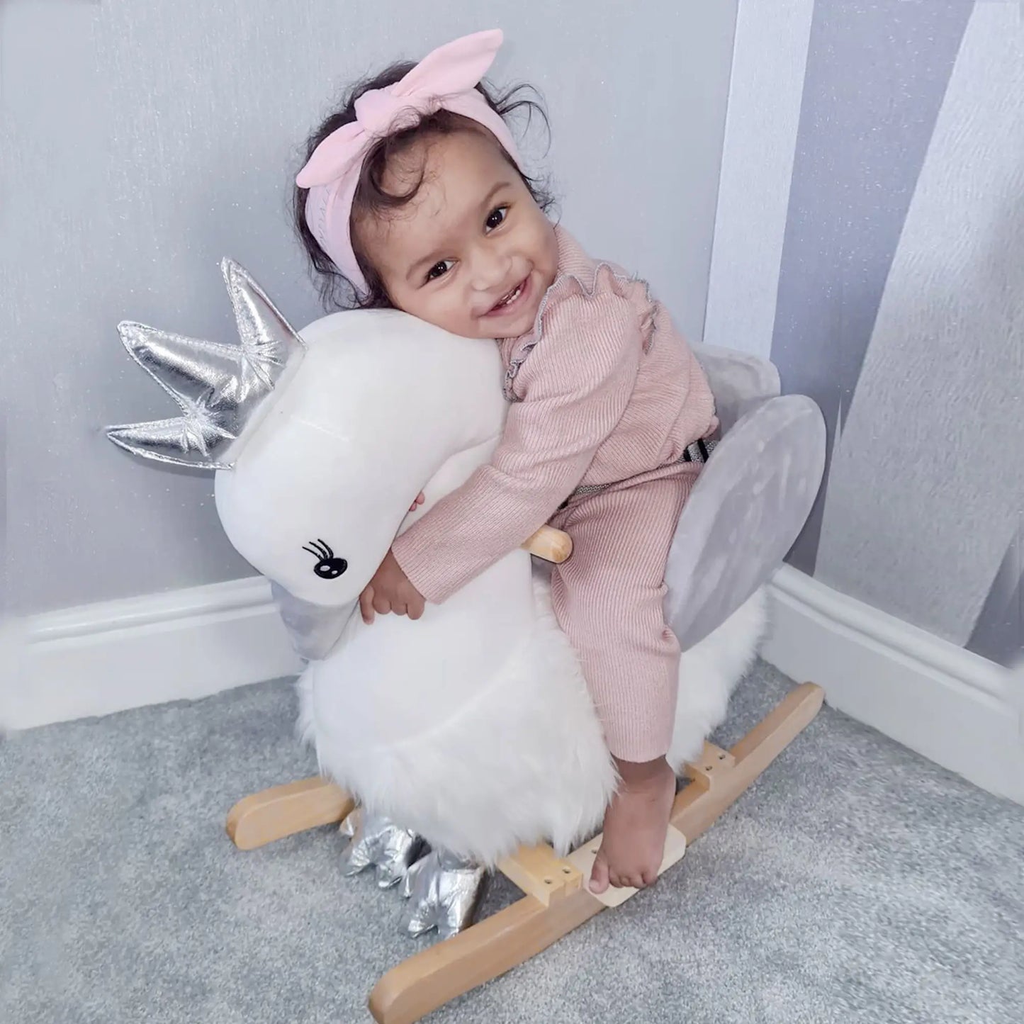 Swan Style Ride on Rocking Horse with Wooden Base and Safety Belt