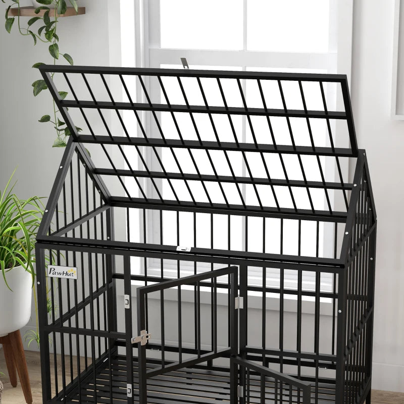 48" Heavy Duty Black Steel Dog Crate on Wheels with Pull Out Removable Tray and Openable Roof