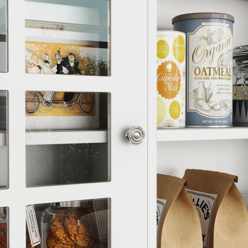 Freestanding Kitchen Cupboard / Pantry with 3 Clear Cupboards, 2 Open Style Shelves and Countertop