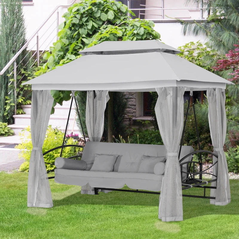 2-in-1 - 3 Seater Convertible Bed / Gazebo Swing Chair with Double Tier Canopy, Cushioned Seat and Mesh Sidewalls - Grey