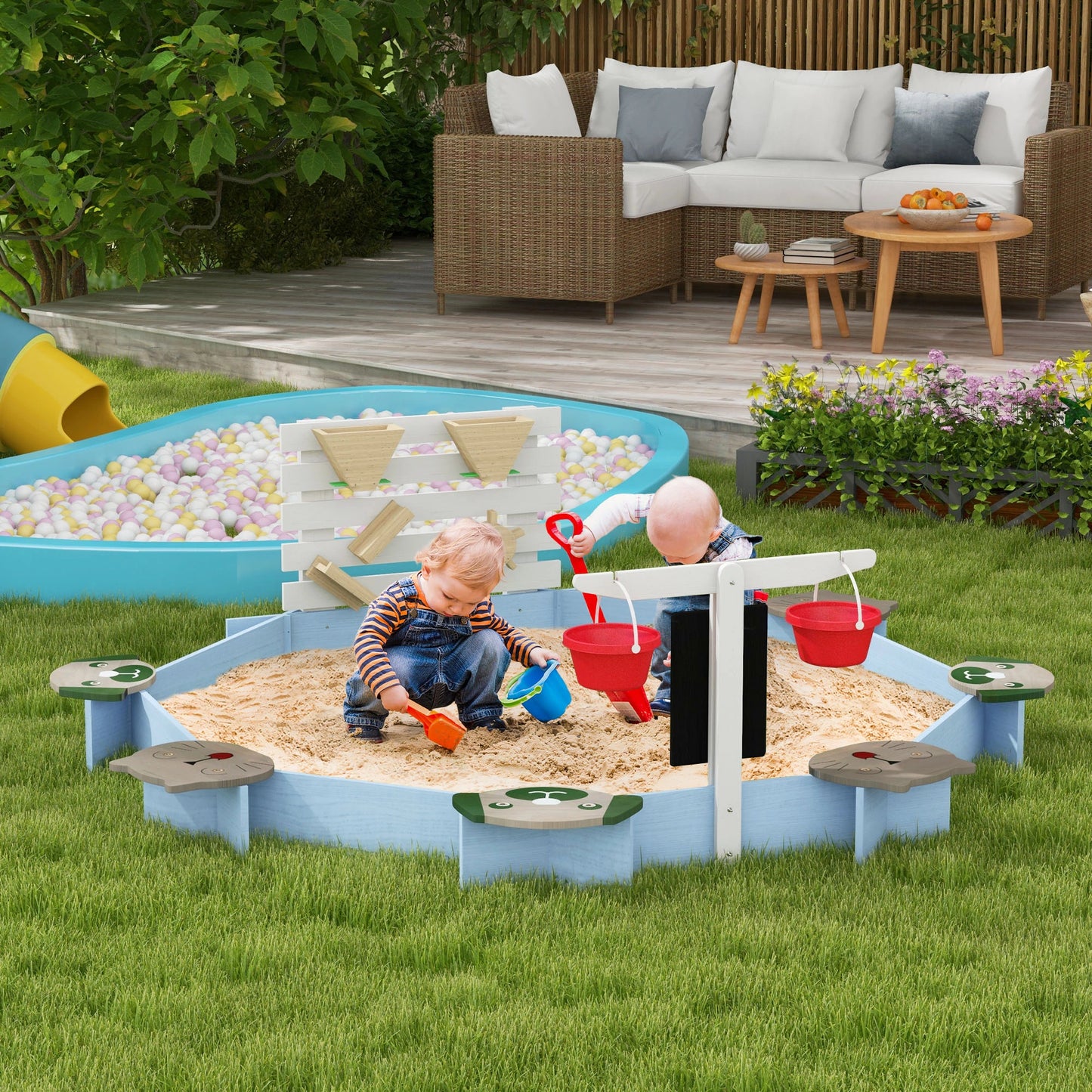 Wooden Kids Sandbox / Sandpit with Six Seats, Accessories - Blue