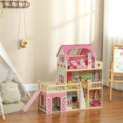 3-Storey Wooden Dolls House Play Set with 13 Pieces and Accessories