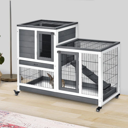 2-Tier - Wooden Rabbit Hutch on Wheels with Enclosed Run - Grey