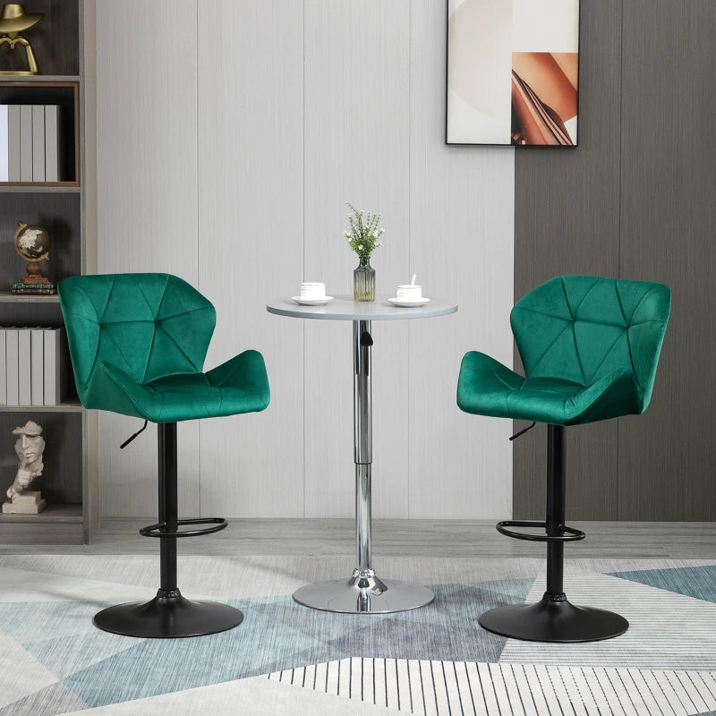 Set of 2 Geometric Style Velvet Barstools / Breakfast Bar Stools with Adjustable Height and Footrest - Emerald