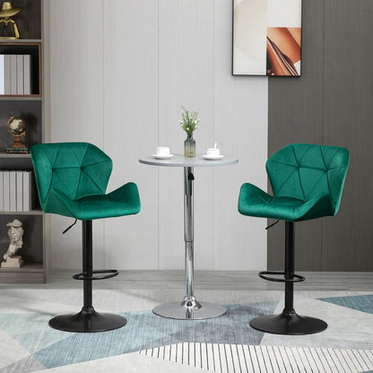 Set of 2 Geometric Style Velvet Barstools / Breakfast Bar Stools with Adjustable Height and Footrest - Emerald