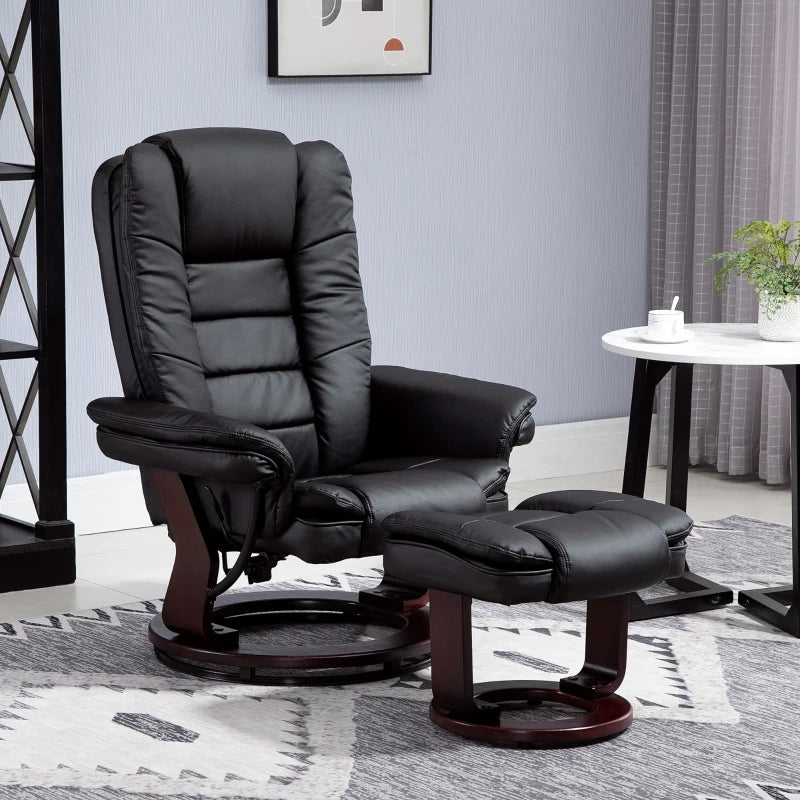 PU Leather Leisure Manual Armchair Recliner and Footrest Set with Swivel Wood Base - Black