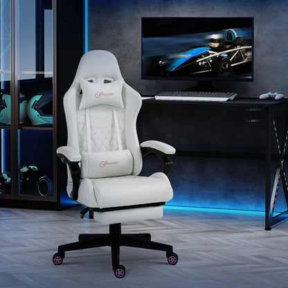 Faux Leather Recliner Racing Gaming Chair with Swivel Wheel Footrest - White / Pink Contrast Stitch